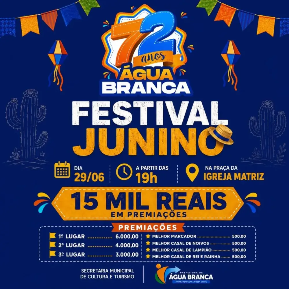 Água Branca abre inscrições para o Festival Junino 2026 com R$ 15 mil em premiações